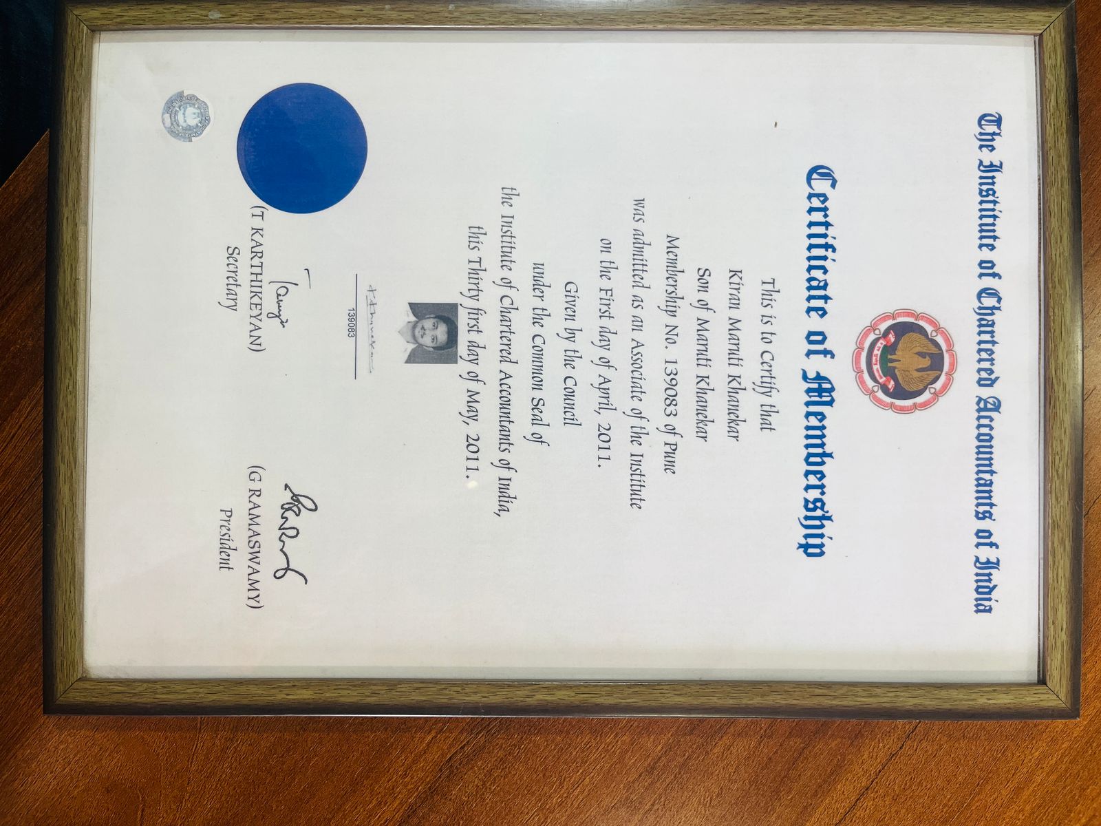 CA Membership Certificate - The Institute of Chartered Accountants of India kiran m khanekar